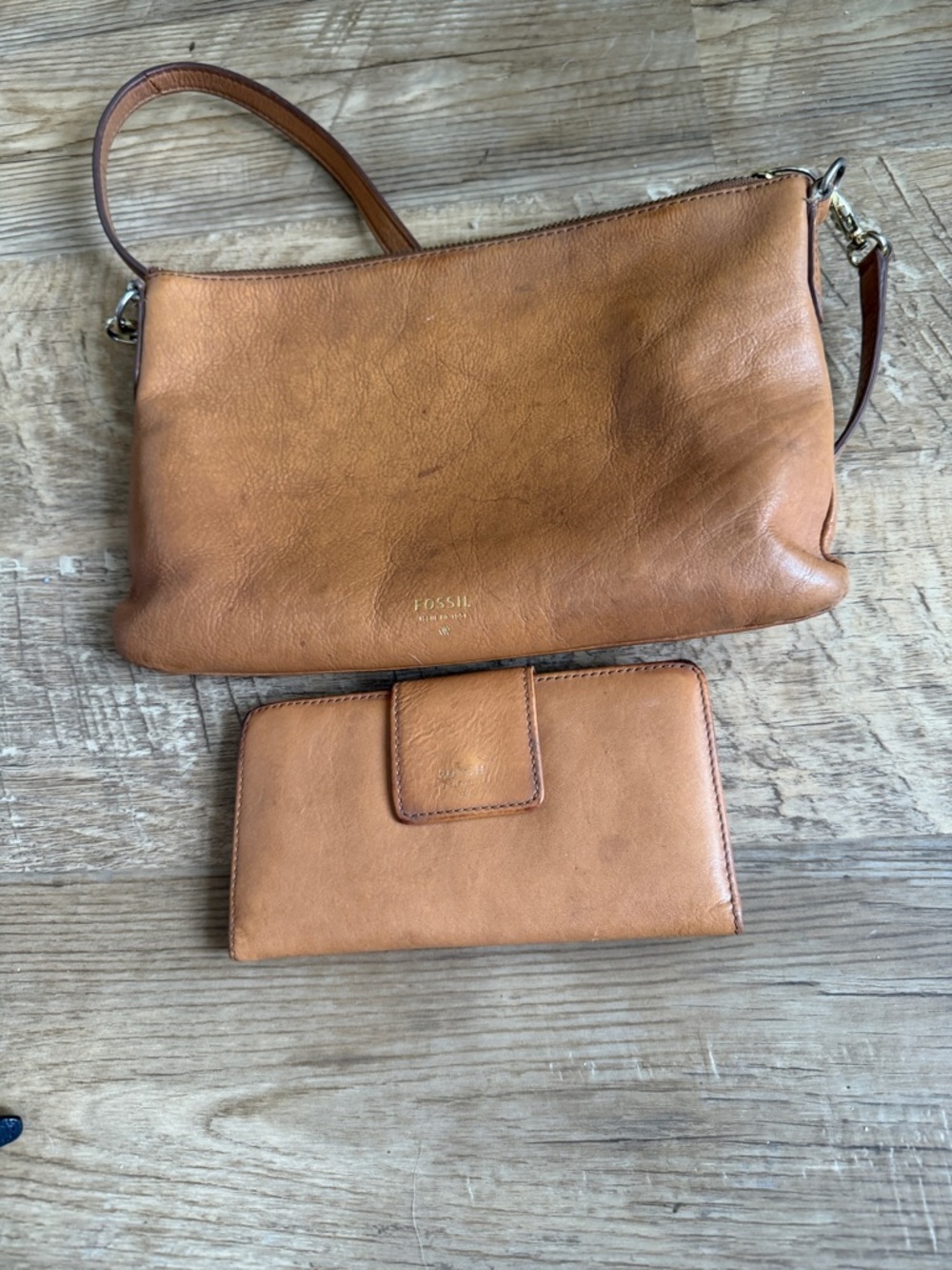 Fossil Tan Leather Crossbody Purse and Matching Wallet Set